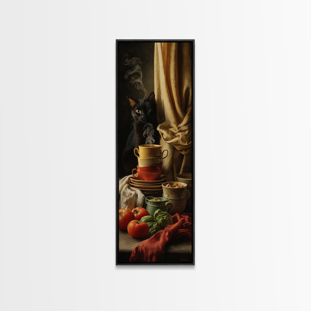 Black Cat Beside a Steaming Cup Framed Canvas Print, Coffee Shop Art, Fine Art Print, Cafe Decor, Fine Art, Cafe, Printable, CSA-1x3-74