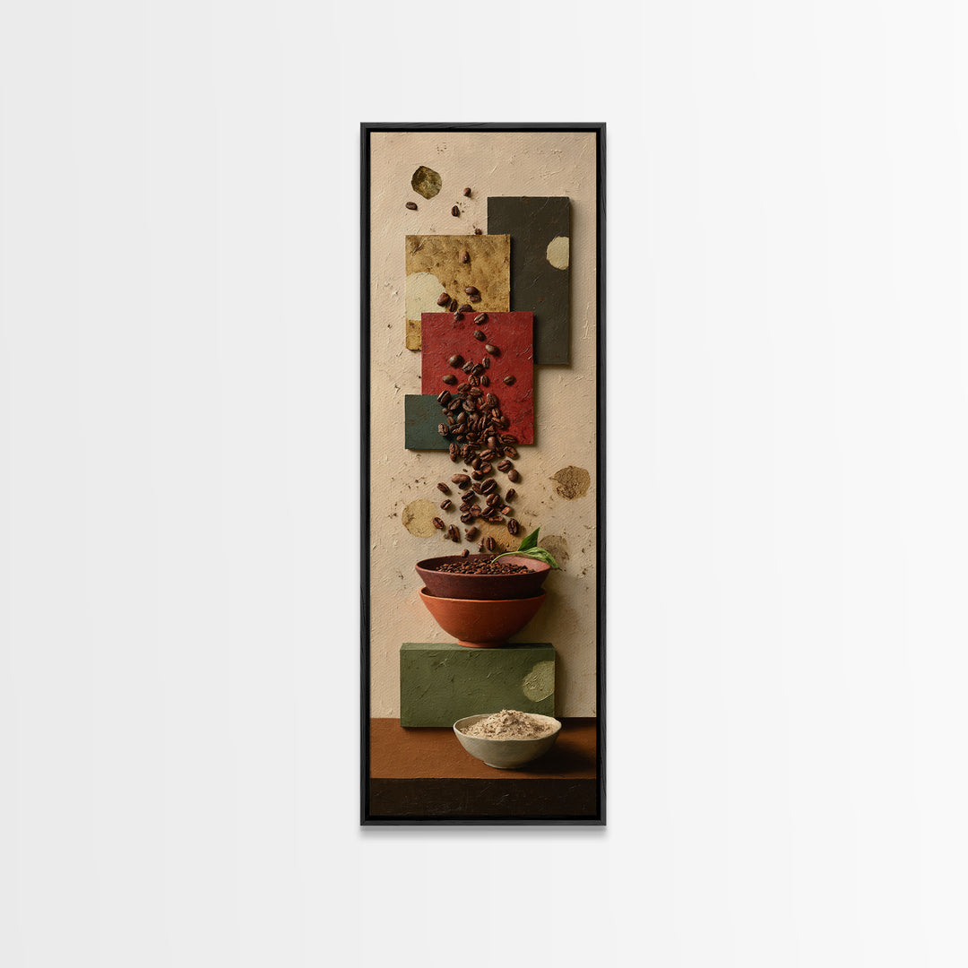 Roasted Beans Falling Through Dark Space Framed Canvas Print, Coffee Shop Art, Contemporary Art, Cafe Decor, Fine Art, Cafe, CSA-1x3-8