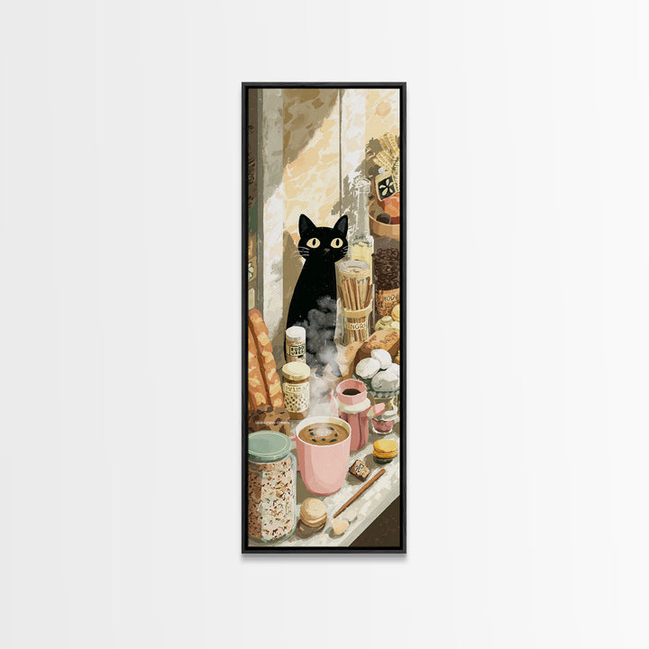 Black Cat Beside a Steaming Cup Canvas Print, Coffee Shop Art, Textured Painting, Cafe Decor, Fine Art, Cafe, Kitchen Decor, CSA-1x3-98