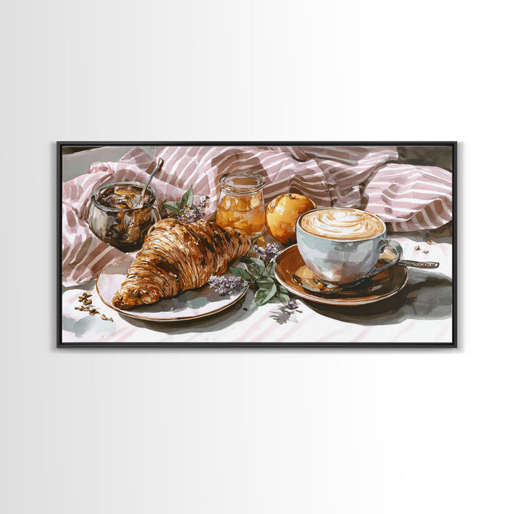 Croissant and Cappuccino on Striped Cloth Framed Canvas Print, Coffee Shop Art, Canvas Wall Art, Cafe Decor, Fine Art, Cafe, CSA-2x1-1