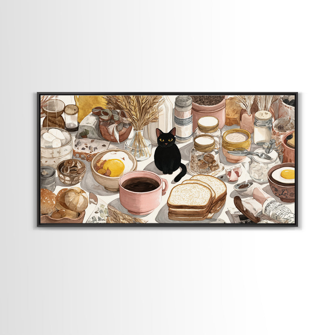Black Cat Beside a Steaming Cup Framed Canvas Print, Coffee Shop Art, Contemporary Art, Cafe Decor, Cafe, Printable Art, CSA-2x1-10
