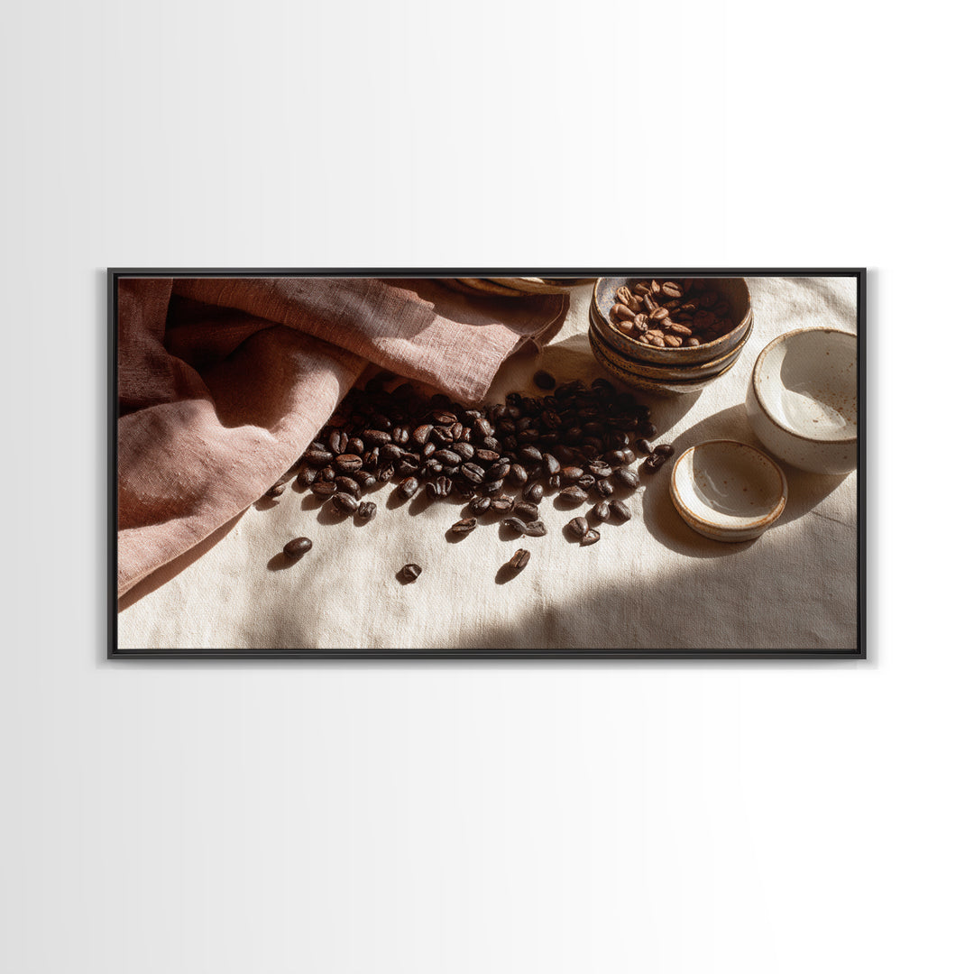 Roasted Beans Falling Through Dark Space Framed Canvas Print, Coffee Shop Art, Fine Art Print, Cafe Decor, Fine Art, Cafe, CSA-2x1-16