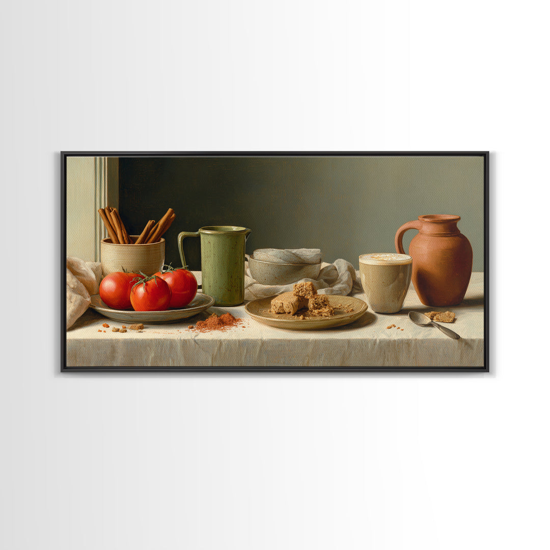 Cinnamon Sticks and Cappuccino Foam Still Life Framed Canvas Print, Coffee Shop Art, Statement Artwork, Cafe Decor, Cafe, CSA-2x1-20