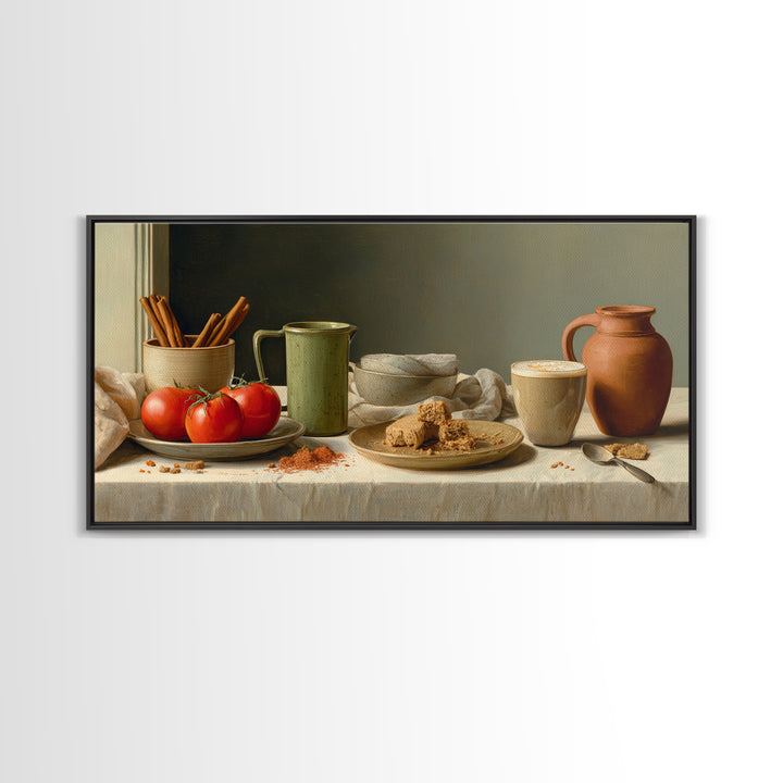 Cinnamon Sticks and Cappuccino Foam Still Life Framed Canvas Print, Coffee Shop Art, Statement Artwork, Cafe Decor, Cafe, CSA-2x1-20