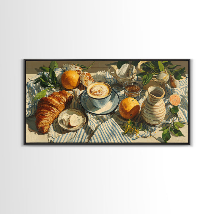 Croissant and Cappuccino on Striped Cloth Framed Canvas Print, Coffee Shop Art, Canvas Wall Art, Cafe Decor, Fine Art, Cafe, CSA-2x1-25