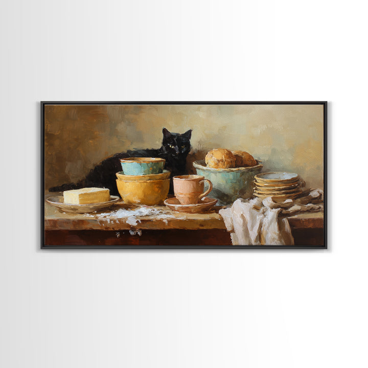 Black Cat Beside a Steaming Cup Framed Canvas Print, Coffee Shop Art, Contemporary Art, Cafe Decor, Cafe, Printable Art, CSA-2x1-34