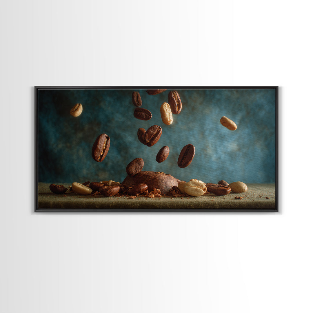 Roasted Beans Falling Through Dark Space Framed Canvas Print, Coffee Shop Art, Wall Decor, Cafe Decor, Fine Art, Cafe, CSA-2x1-40