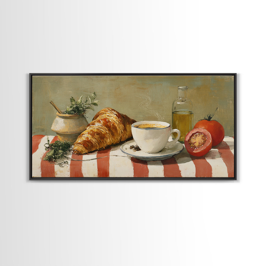 Croissant and Cappuccino on Striped Cloth Canvas Print, Coffee Shop Art, Kitchen Art, Cafe Decor, Cafe, Minimalist Wall Art, CSA-2x1-49
