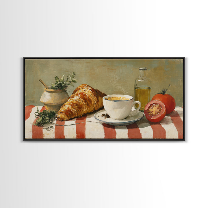 Croissant and Cappuccino on Striped Cloth Canvas Print, Coffee Shop Art, Kitchen Art, Cafe Decor, Cafe, Minimalist Wall Art, CSA-2x1-49