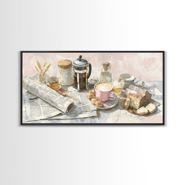 French Press and Morning Newspaper Without Readable Canvas Print, Coffee Shop Art, Art Print, Cafe Decor, Fine Art, Cafe, CSA-2x1-54