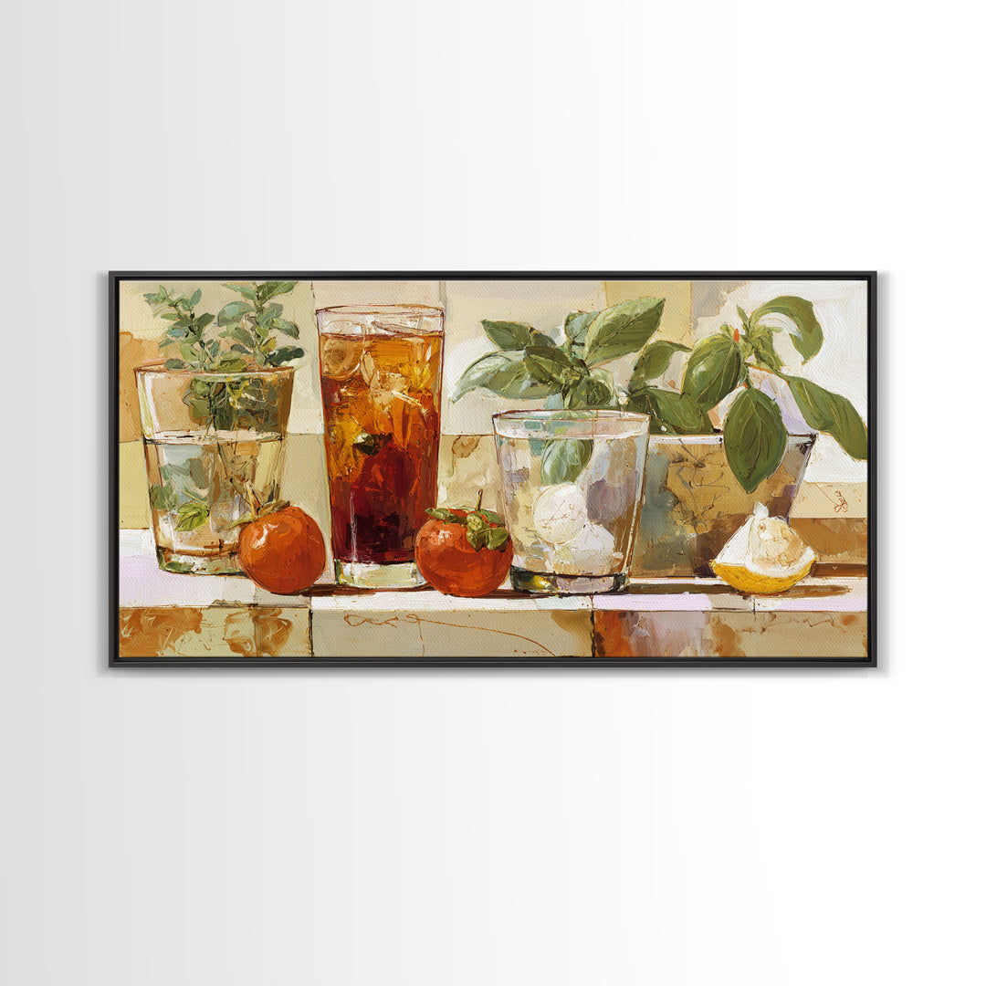Iced Coffee Glass Framed Canvas Print, Coffee Shop Art, Dark Academia Decor, Cafe Decor, Fine Art, Cafe, Whimsical Art, CSA-2x1-55