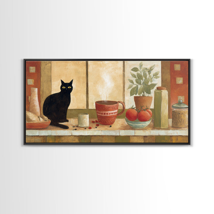 Black Cat Beside a Steaming Cup Canvas Print, Coffee Shop Art, Printable, Cafe Decor, Fine Art, Cafe, Dopamine Decor, CSA-2x1-58