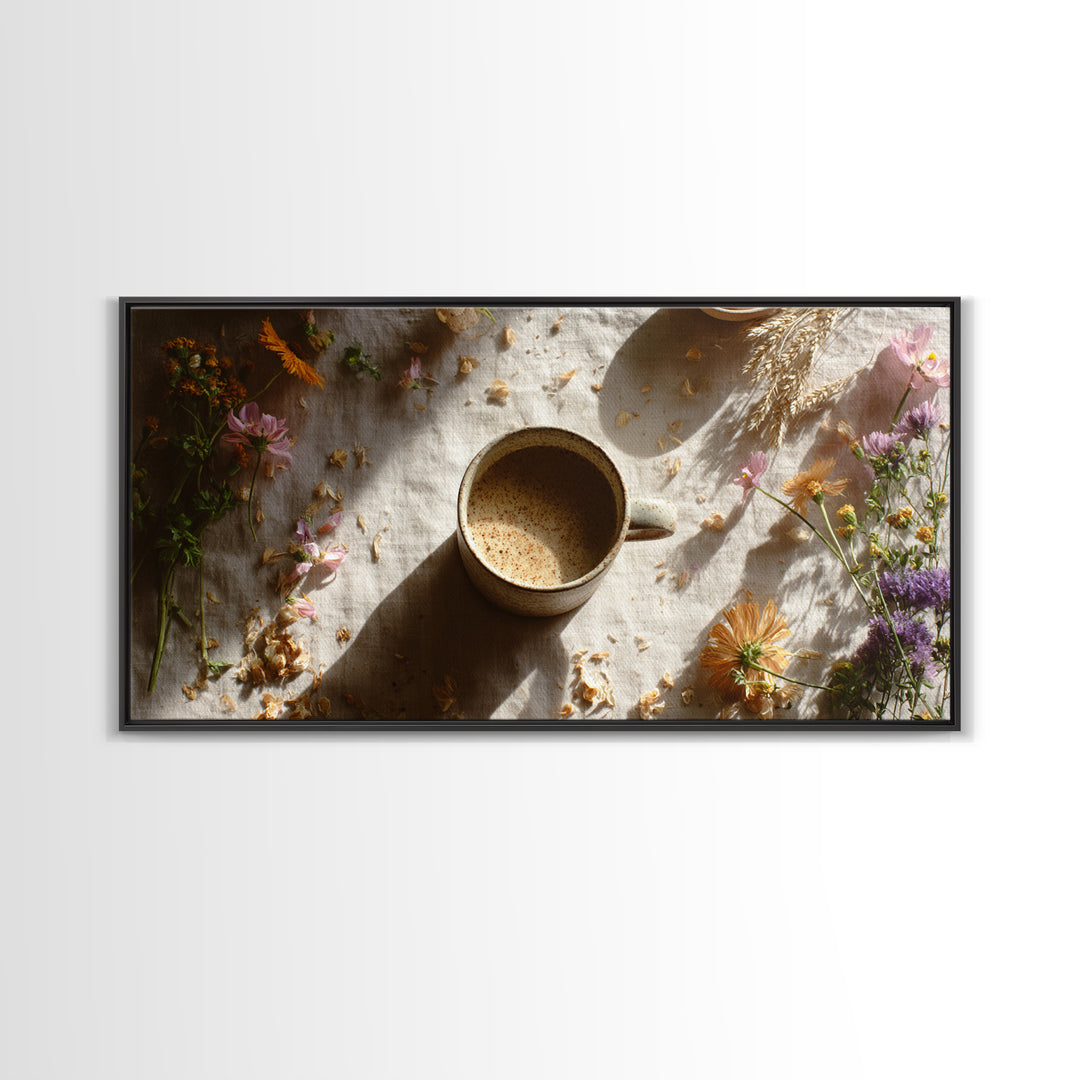Ceramic Mug with Wildflowers Around It Framed Canvas Print, Coffee Shop Art, Digital Wall Art, Cafe Decor, Fine Art, Cafe, CSA-2x1-60