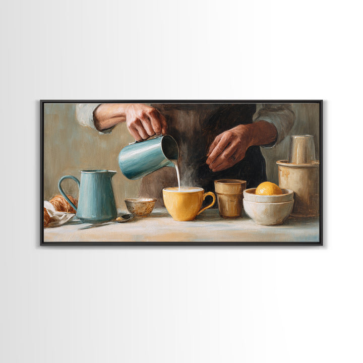 Barista Hands Pouring Milk into Espresso Framed Canvas Print, Coffee Shop Art, Printable Art, Cafe Decor, Abstract Art, Cafe, CSA-2x1-65