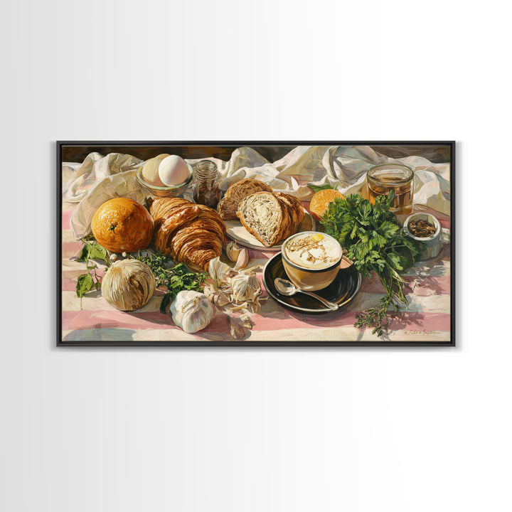 Croissant and Cappuccino on Striped Cloth Canvas Print, Coffee Shop Art, Kitchen Art, Cafe Decor, Cafe, Minimalist Wall Art, CSA-2x1-73