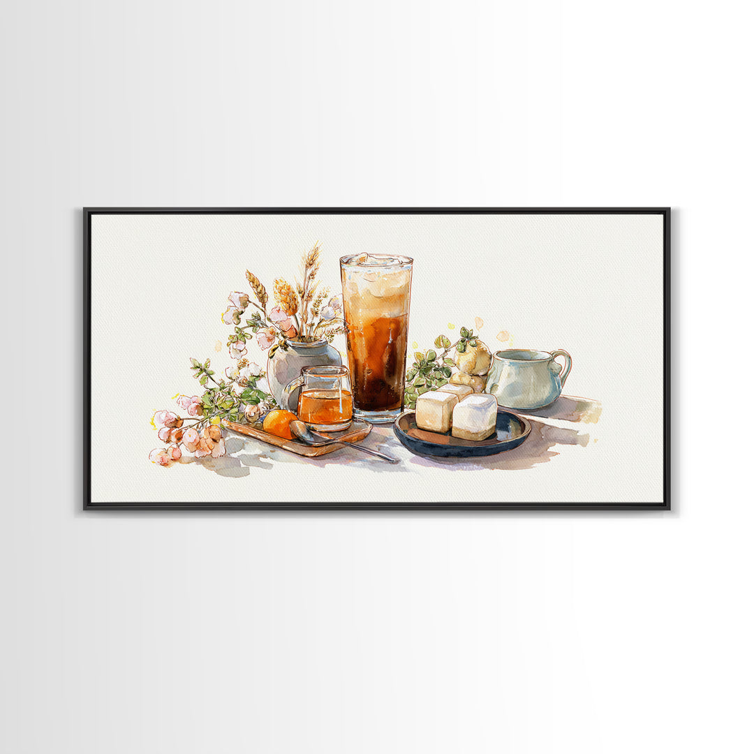 Iced Coffee Glass Framed Canvas Print, Coffee Shop Art, Food Art, Cafe Decor, Fine Art, Cafe, Minimalist Decor, CSA-2x1-79