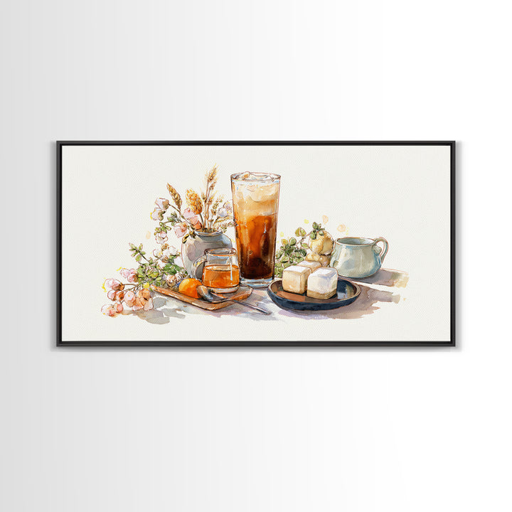 Iced Coffee Glass Framed Canvas Print, Coffee Shop Art, Food Art, Cafe Decor, Fine Art, Cafe, Minimalist Decor, CSA-2x1-79