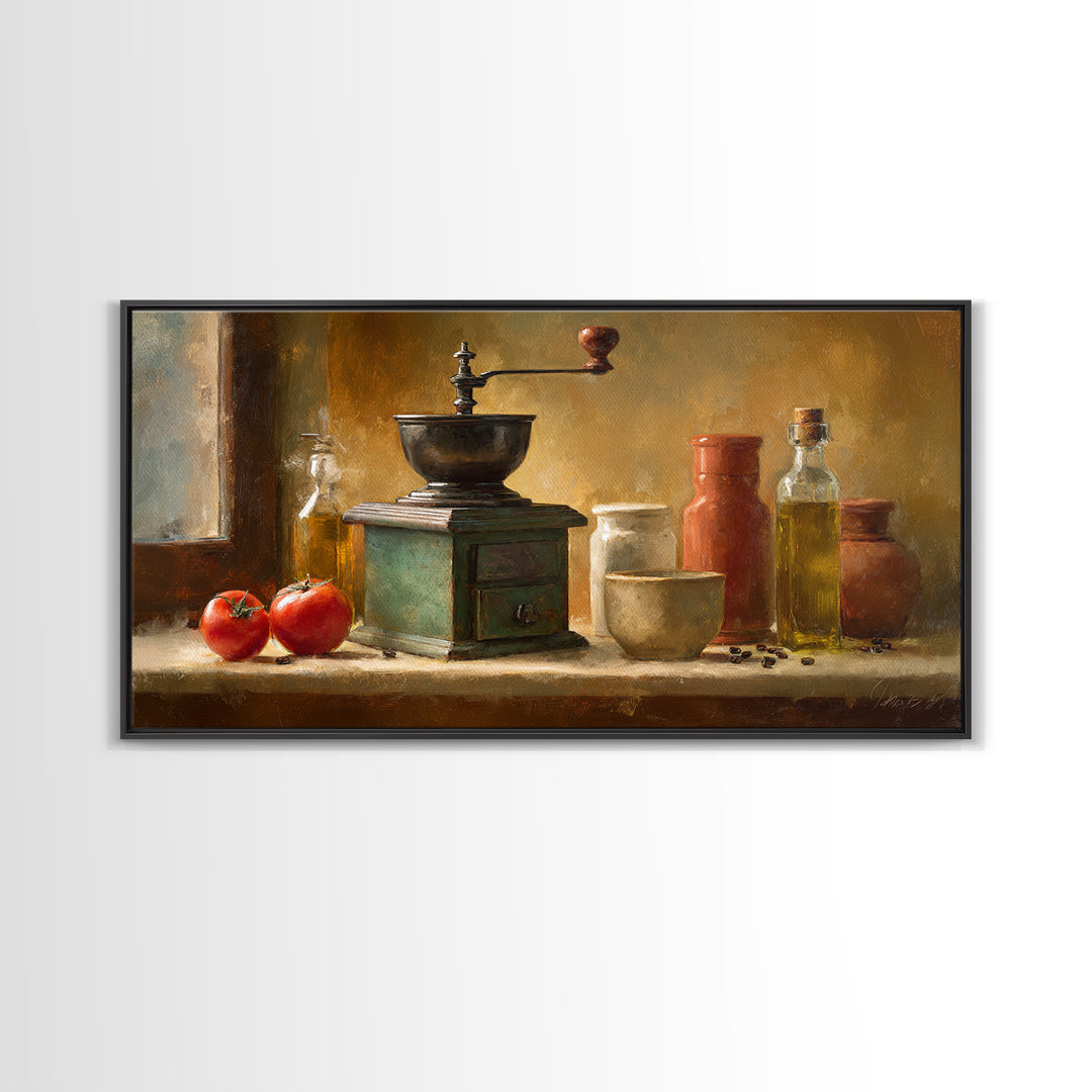 Coffee Grinder Antique Still Life Framed Canvas Print, Coffee Shop Art, Dopamine Decor, Cafe Decor, Cafe, Coffee Wall Art, CSA-2x1-80