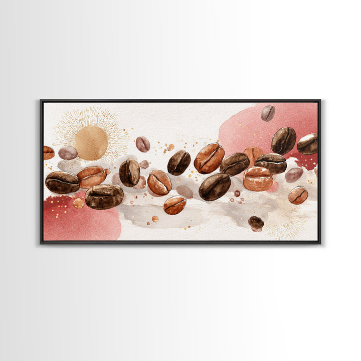 Roasted Beans Falling Through Dark Space Framed Canvas Print, Coffee Shop Art, Kitchen Art, Cafe Decor, Fine Art, Cafe, CSA-2x1-88