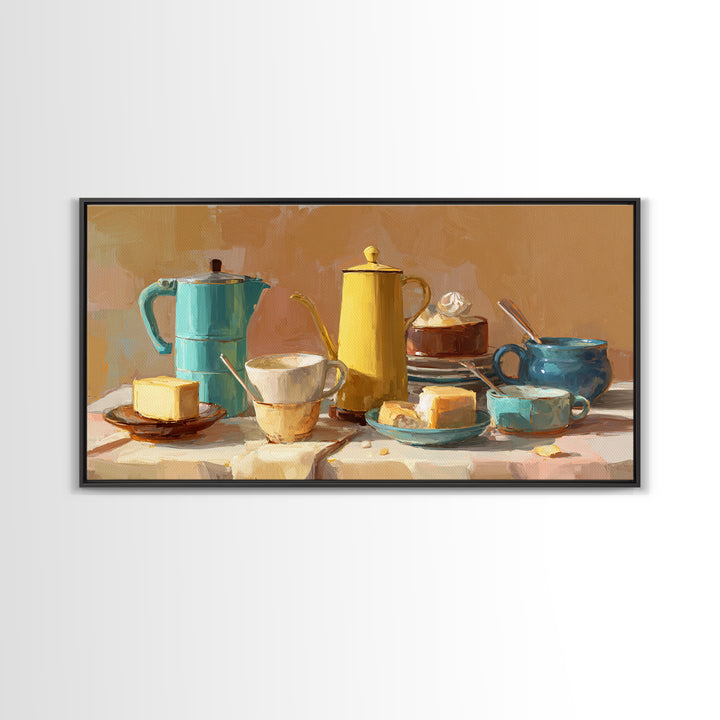 Mid Century Coffee Pot Framed Canvas Print, Coffee Shop Art, Digital Wall Art, Cafe Decor, Oil Painting, Cafe, Bedroom Wall Art, CSA-2x1-90