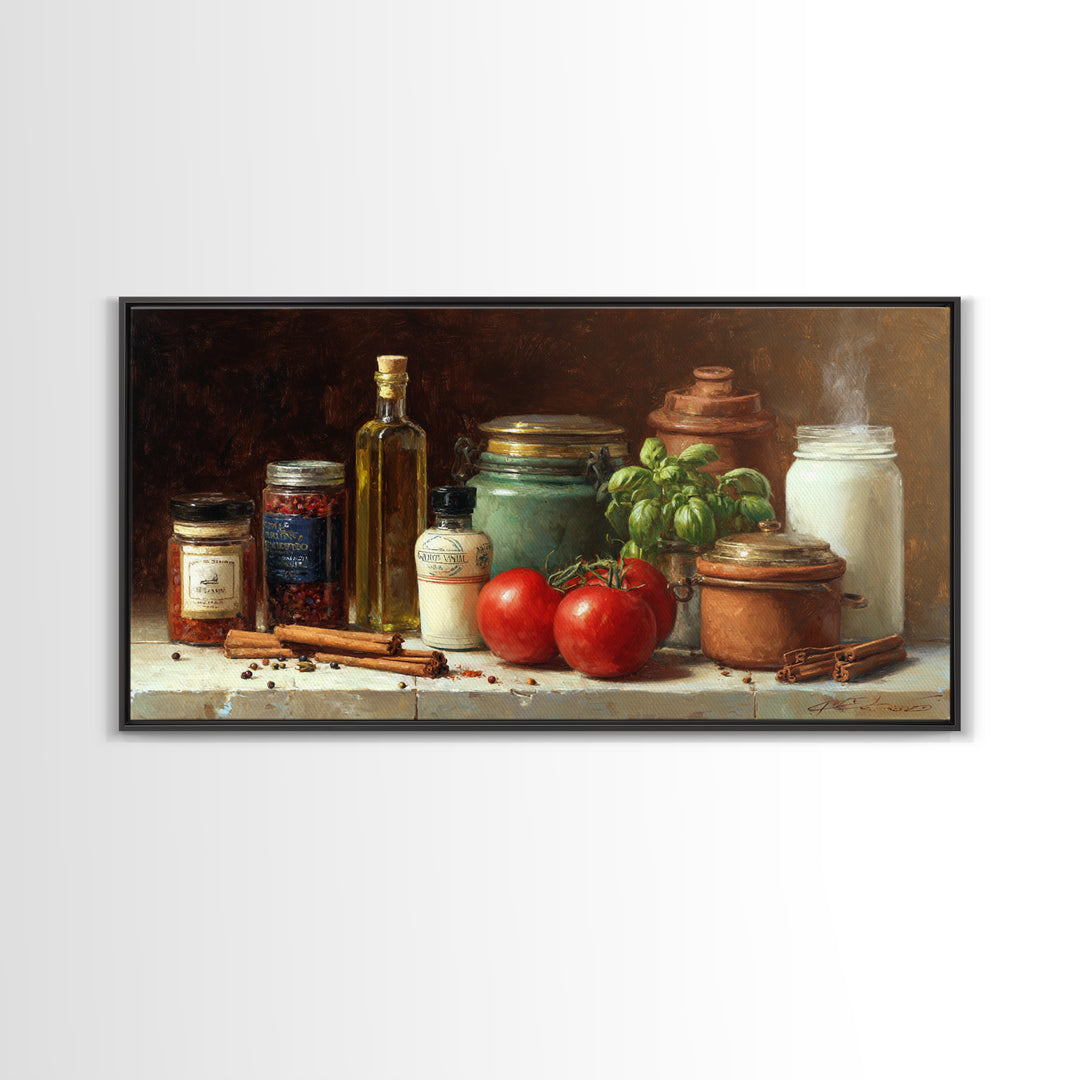 Cinnamon Sticks and Cappuccino Foam Still Life Framed Canvas Print, Coffee Shop Art, Kitchen Gift, Cafe Decor, Oil Painting, CSA-2x1-92