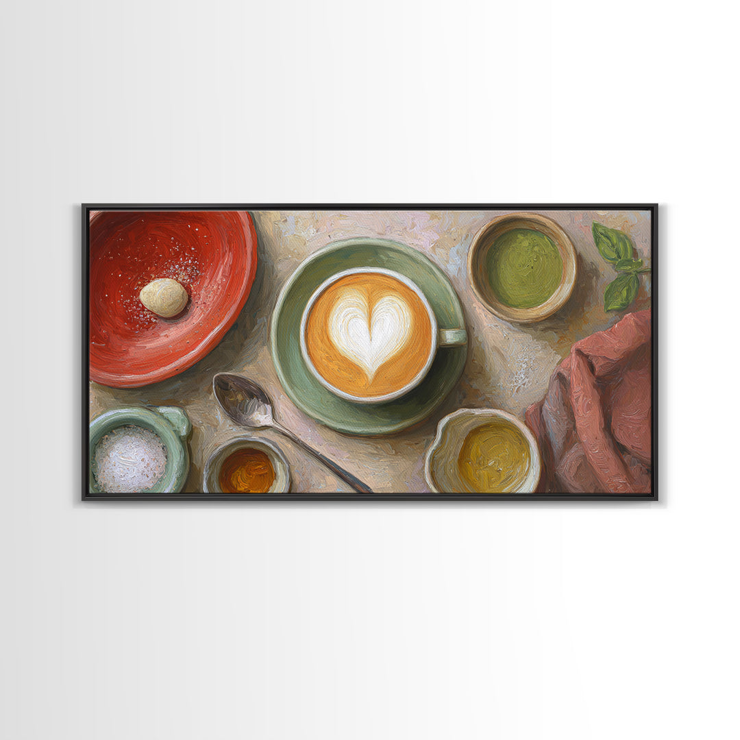 Latte Art Heart Seen from Above Framed Canvas Print, Coffee Shop Art, Kitchen Wall Decor, Cafe Decor, Oil Painting, Cafe, CSA-2x1-96