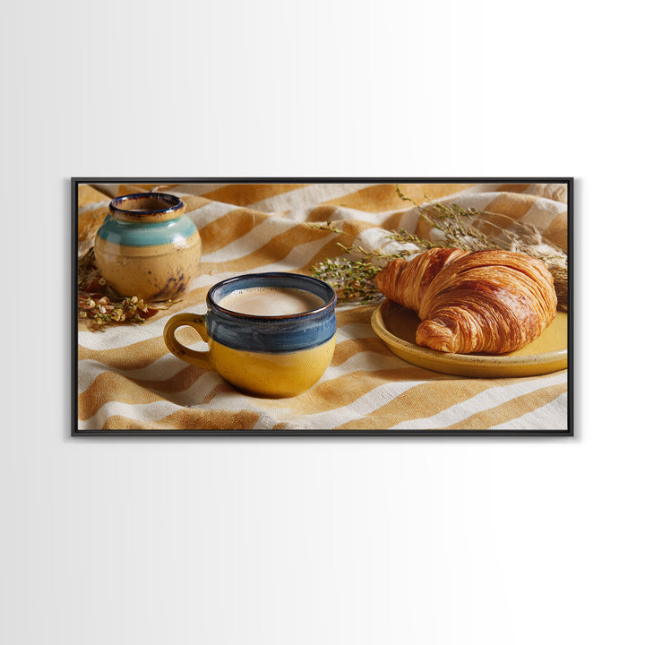 Croissant and Cappuccino on Striped Cloth Framed Canvas Print, Coffee Shop Art, Canvas Print, Cafe Decor, Fine Art, Cafe, CSA-2x1-97