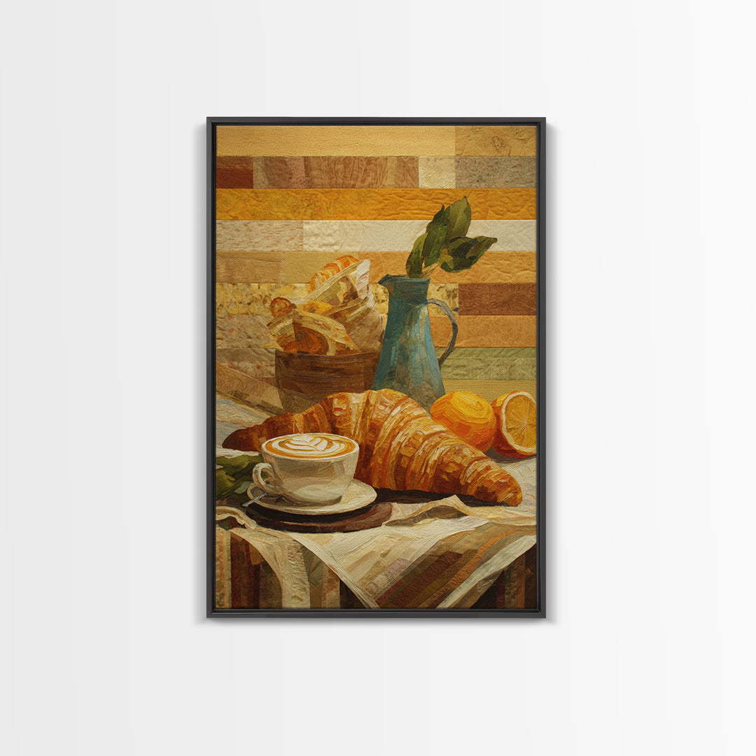 Croissant and Cappuccino on Striped Cloth Framed Canvas Print, Coffee Shop Art, Kitchen Wall Art, Cafe Decor, Fine Art, Cafe, CSA-2x3-13