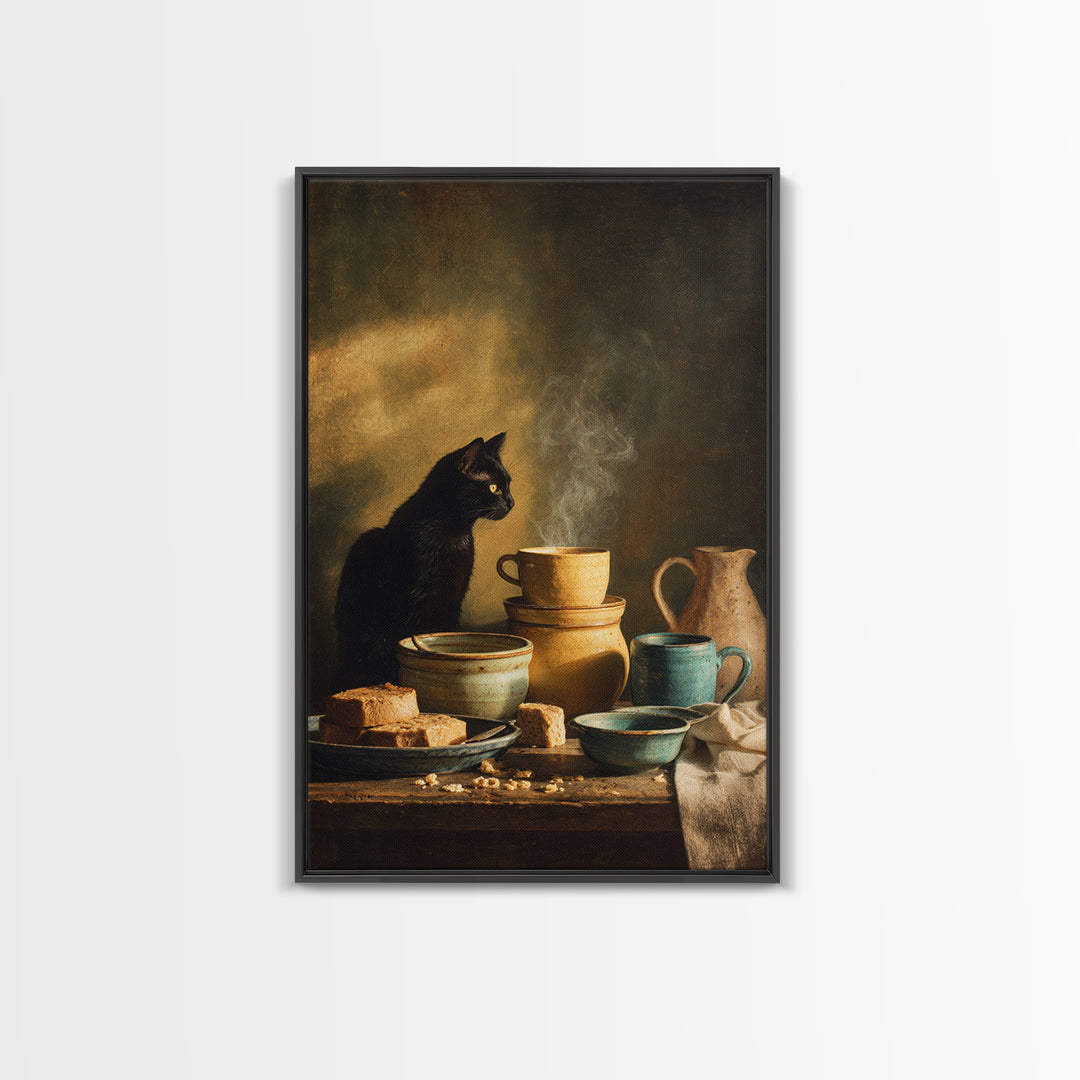 Black Cat Beside a Steaming Cup Framed Canvas Print, Coffee Shop Art, Wall Decor, Cafe Decor, Fine Art, Cafe, Kitchen Gift, CSA-2x3-22
