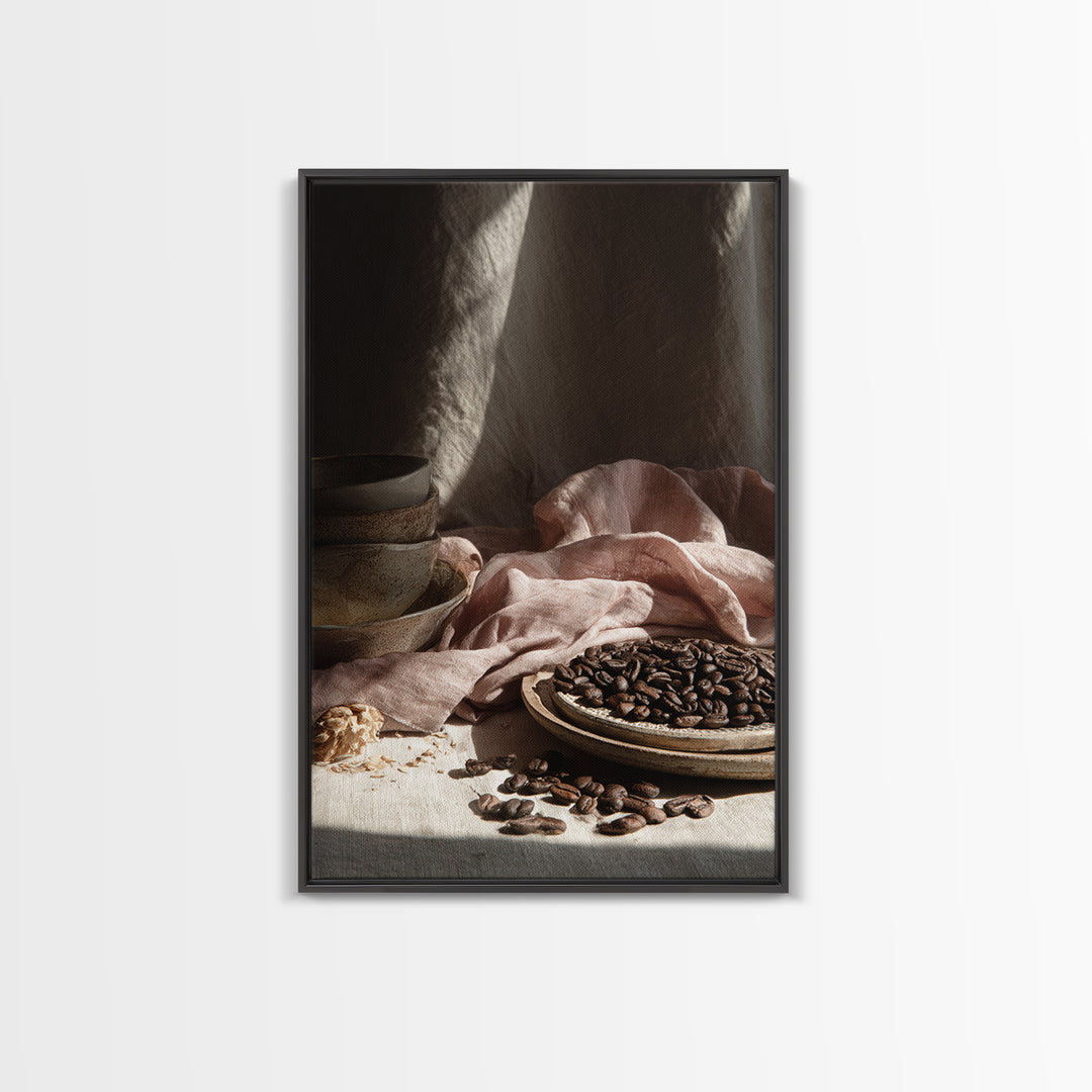 Roasted Beans Falling Through Dark Space Framed Canvas Print, Coffee Shop Art, Contemporary Art, Cafe Decor, Fine Art, Cafe, CSA-2x3-4