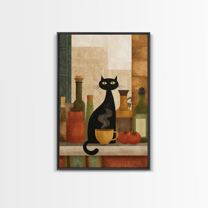 Black Cat Beside a Steaming Cup Framed Canvas Print, Coffee Shop Art, Wall Decor, Cafe Decor, Fine Art, Cafe, Kitchen Gift, CSA-2x3-46