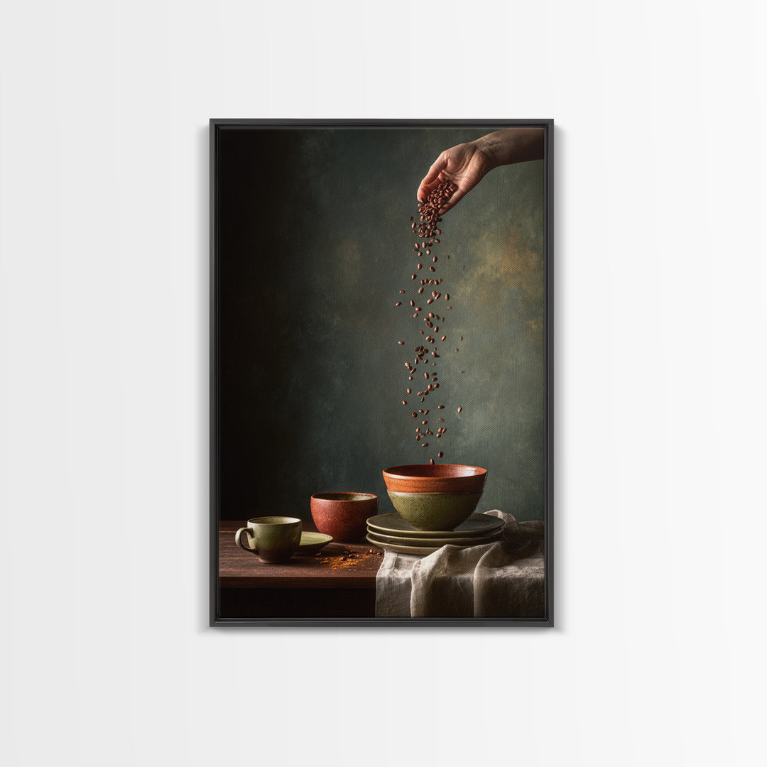Roasted Beans Falling Through Dark Space Framed Canvas Print, Coffee Shop Art, Wall Decor, Cafe Decor, Fine Art, Cafe, CSA-2x3-52