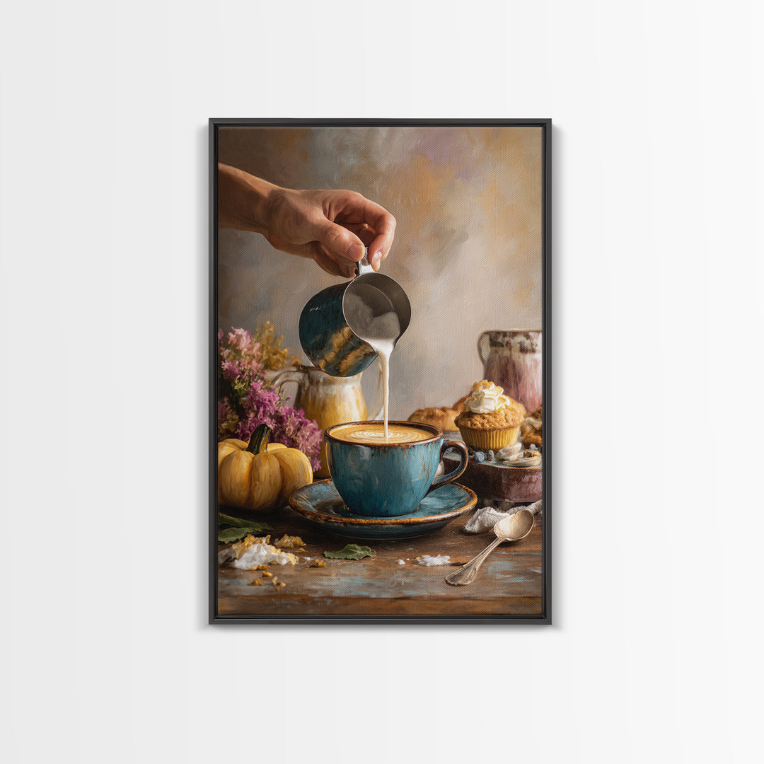 Barista Hands Pouring Milk into Espresso Framed Canvas Print, Coffee Shop Art, Kitchen Gift, Cafe Decor, Oil Painting, Cafe, CSA-2x3-53