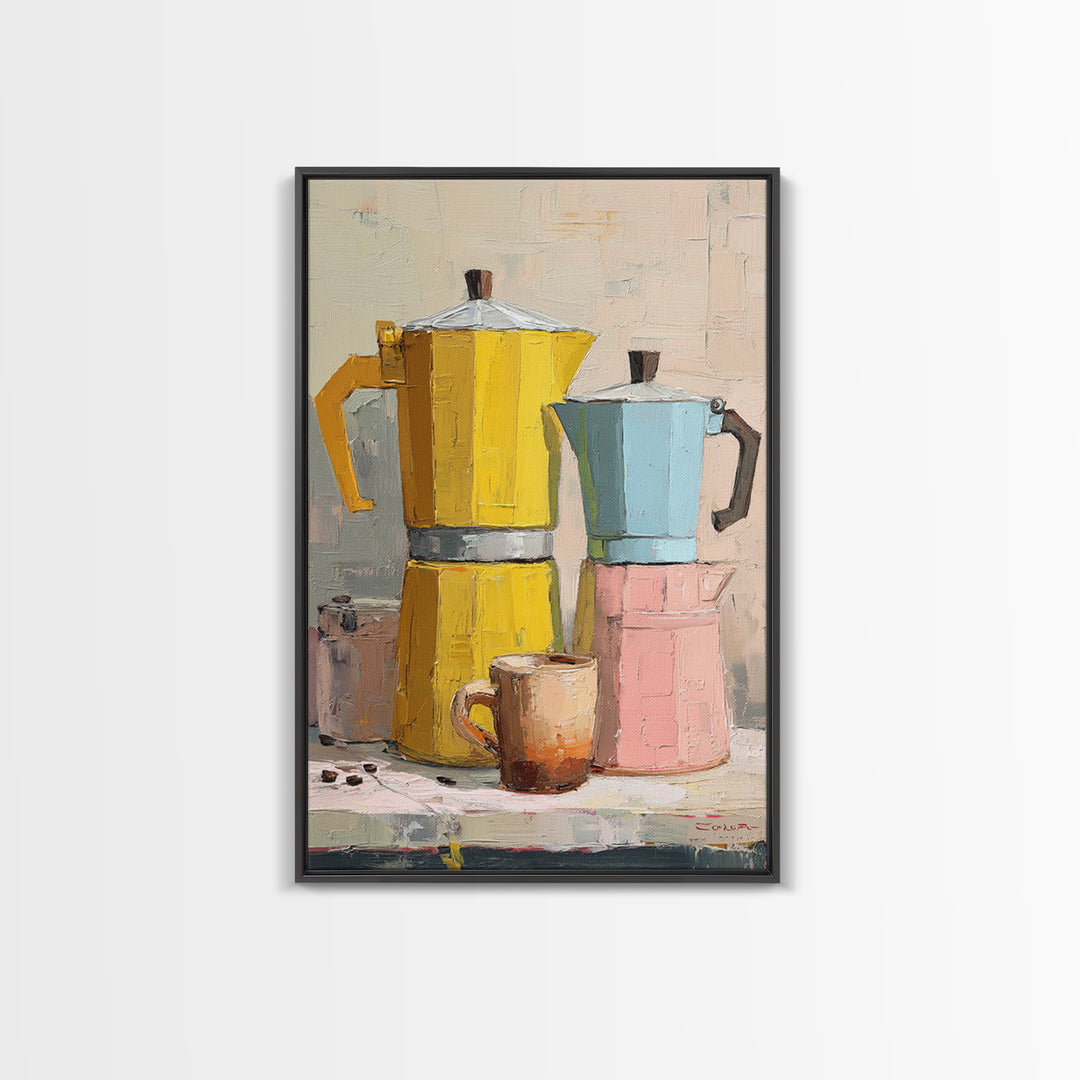 Mid Century Coffee Pot Framed Canvas Print, Coffee Shop Art, Minimalist Decor, Cafe Decor, Fine Art, Cafe, Kitchen Wall Art, CSA-2x3-6