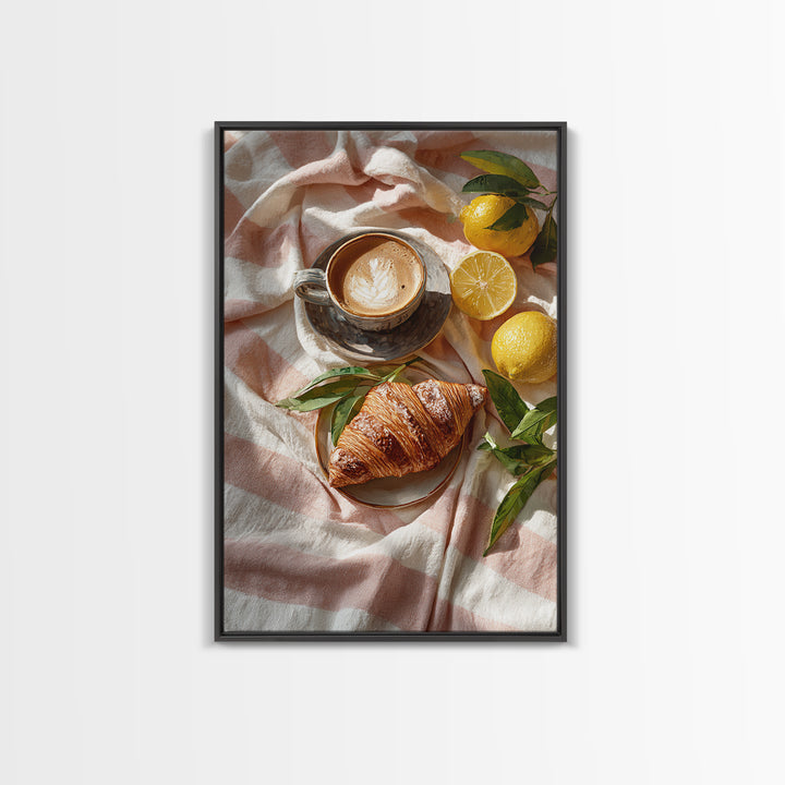 Croissant and Cappuccino on Striped Cloth Canvas Print, Coffee Shop Art, Dark Academia Decor, Cafe Decor, Fine Art, Cafe, CSA-2x3-61