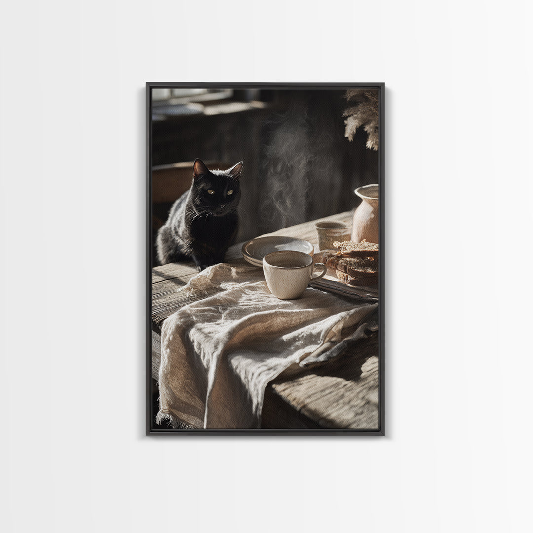 Black Cat Beside a Steaming Cup Canvas Print, Coffee Shop Art, Canvas Wall Art, Cafe Decor, Fine Art, Cafe, Bedroom Wall Art, CSA-2x3-70