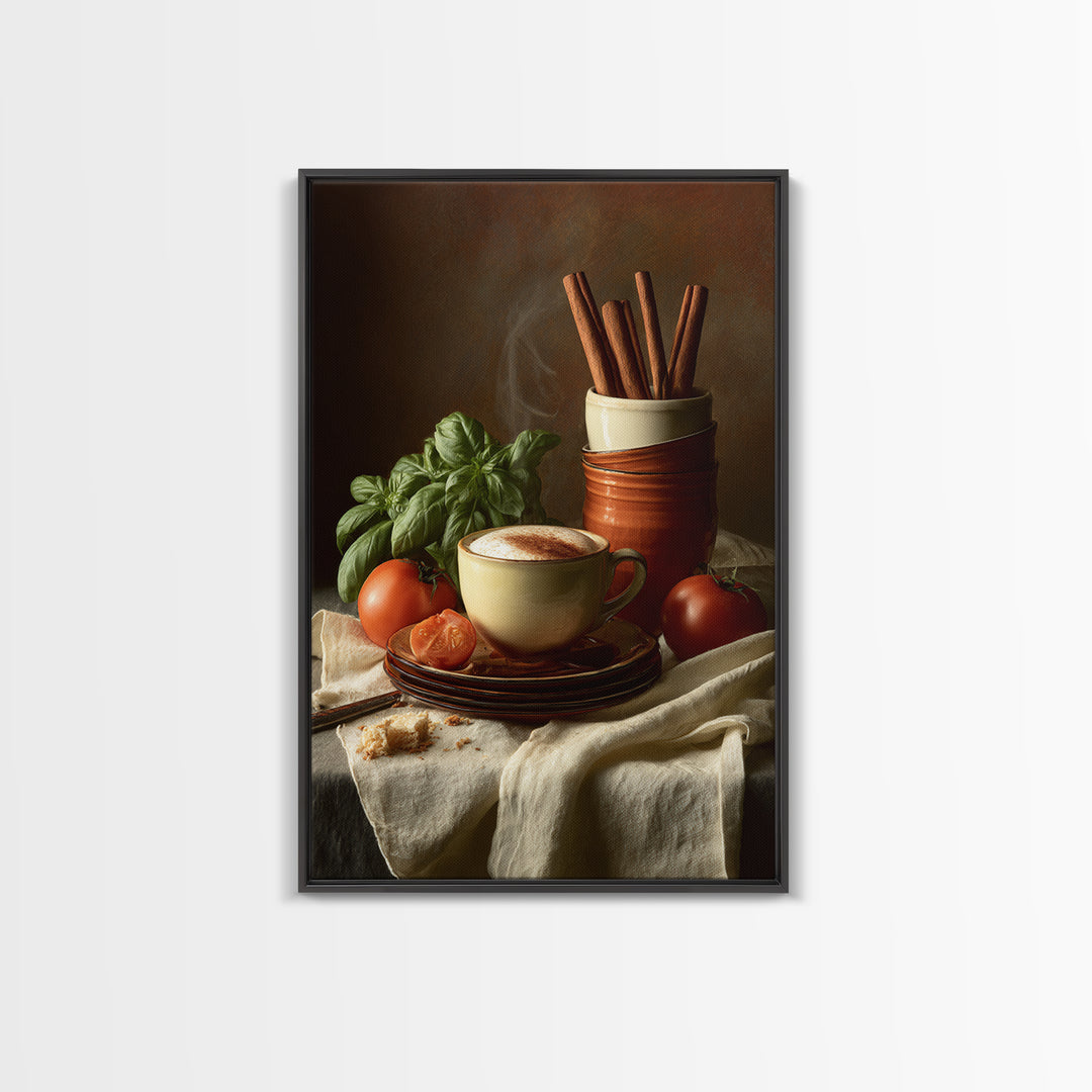 Cinnamon Sticks and Cappuccino Foam Still Life Framed Canvas Print, Coffee Shop Art, Whimsical Art, Cafe Decor, Oil Painting, CSA-2x3-8