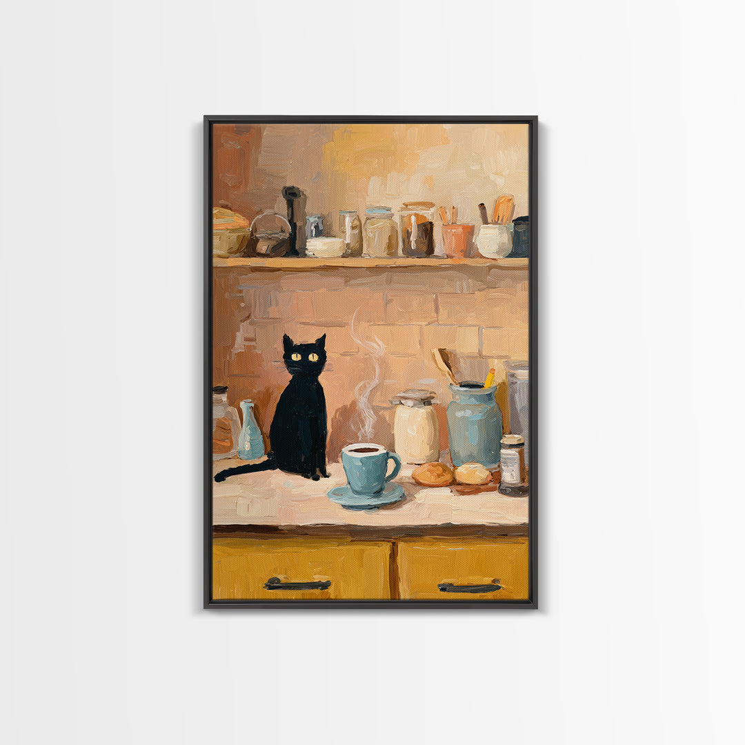 Black Cat Beside a Steaming Cup Framed Canvas Print, Coffee Shop Art, Kitchen Art, Cafe Decor, Cafe, Minimalist Wall Art, CSA-2x3-94