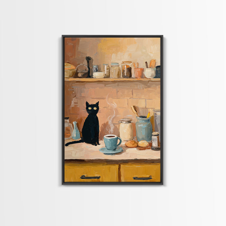Black Cat Beside a Steaming Cup Framed Canvas Print, Coffee Shop Art, Kitchen Art, Cafe Decor, Cafe, Minimalist Wall Art, CSA-2x3-94