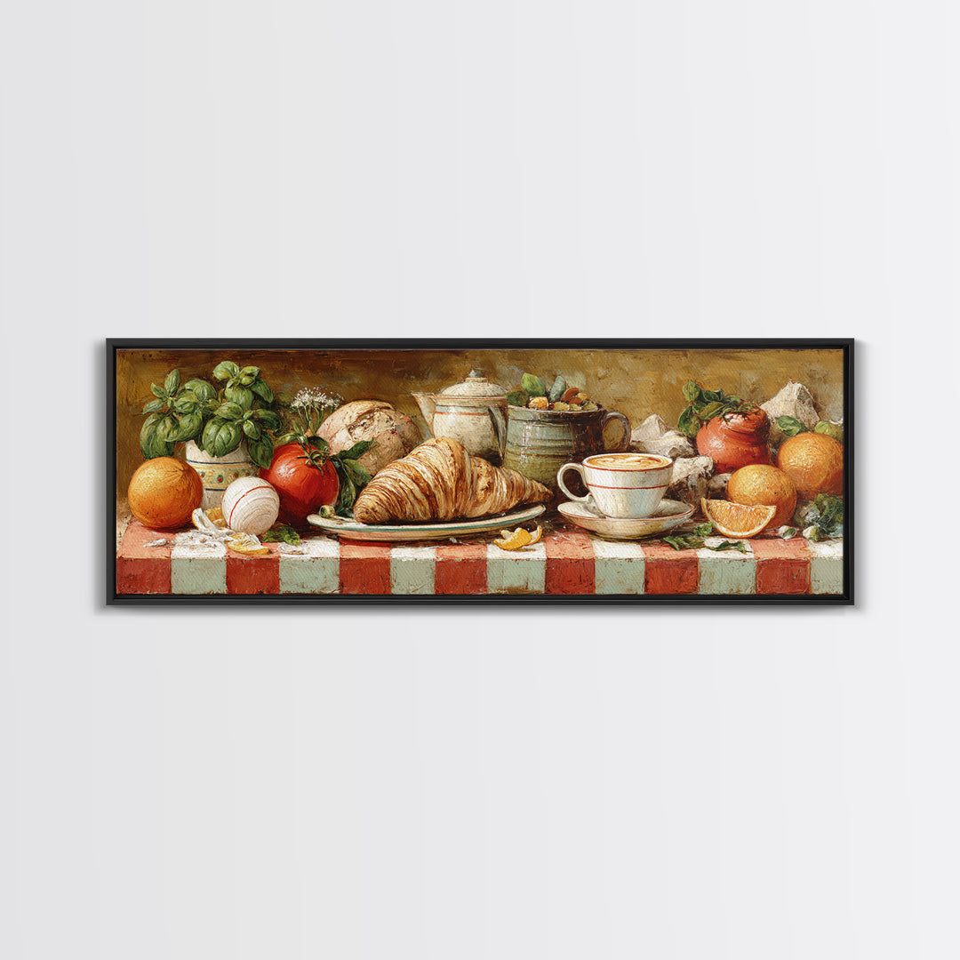 Croissant and Cappuccino on Striped Cloth Canvas Print, Coffee Shop Art, Moody Wall Art, Cafe Decor, Cafe, Luxury Decor, CSA-3x1-21