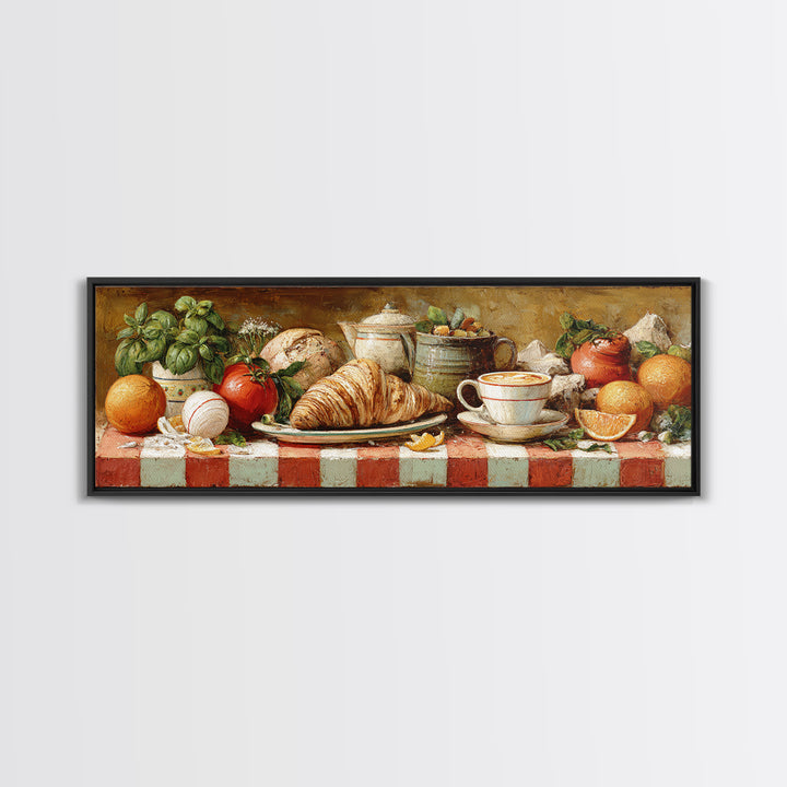 Croissant and Cappuccino on Striped Cloth Canvas Print, Coffee Shop Art, Moody Wall Art, Cafe Decor, Cafe, Luxury Decor, CSA-3x1-21