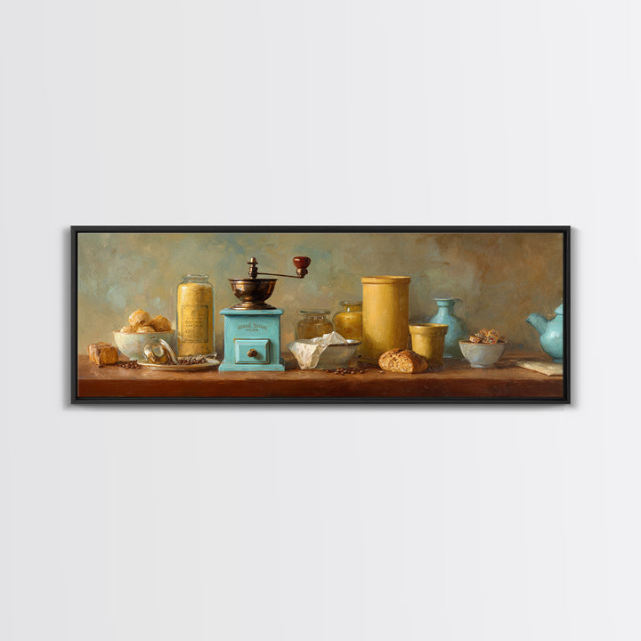 Coffee Grinder Antique Still Life Framed Canvas Print, Coffee Shop Art, Whimsical Art, Cafe Decor, Oil Painting, Cafe, CSA-3x1-28