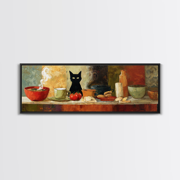 Black Cat Beside a Steaming Cup Canvas Print, Coffee Shop Art, Printable, Cafe Decor, Fine Art, Cafe, Dopamine Decor, CSA-3x1-30