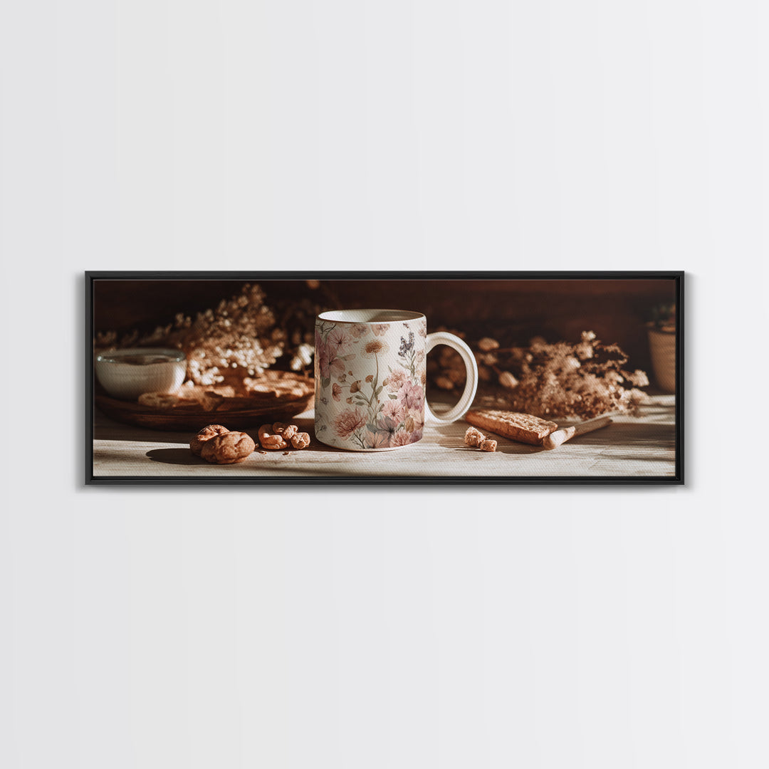 Ceramic Mug with Wildflowers Around It Framed Canvas Print, Coffee Shop Art, Coffee Wall Art, Cafe Decor, Fine Art, Cafe, CSA-3x1-32