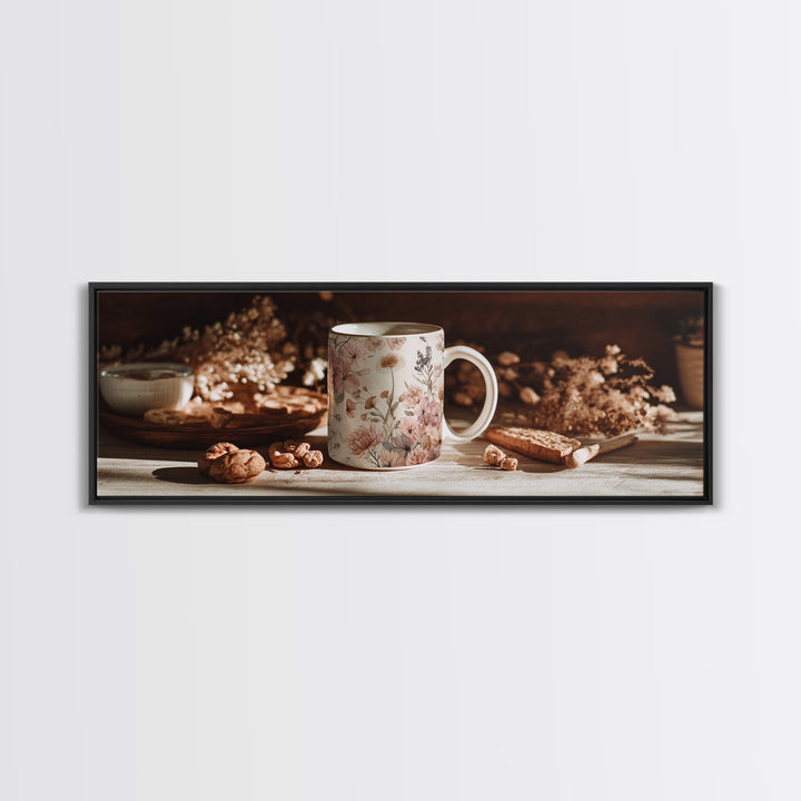 Ceramic Mug with Wildflowers Around It Framed Canvas Print, Coffee Shop Art, Coffee Wall Art, Cafe Decor, Fine Art, Cafe, CSA-3x1-32