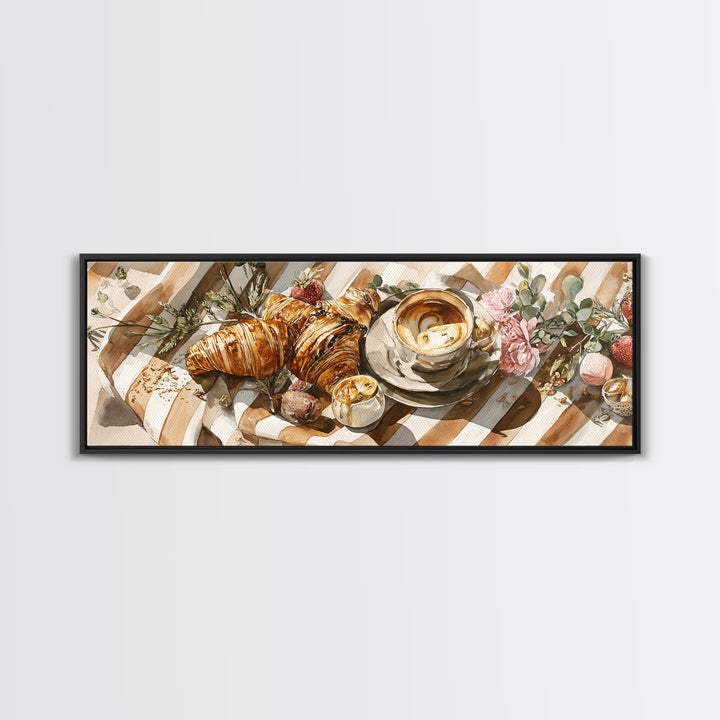 Croissant and Cappuccino on Striped Cloth Canvas Print, Coffee Shop Art, Moody Wall Art, Cafe Decor, Cafe, Luxury Decor, CSA-3x1-45