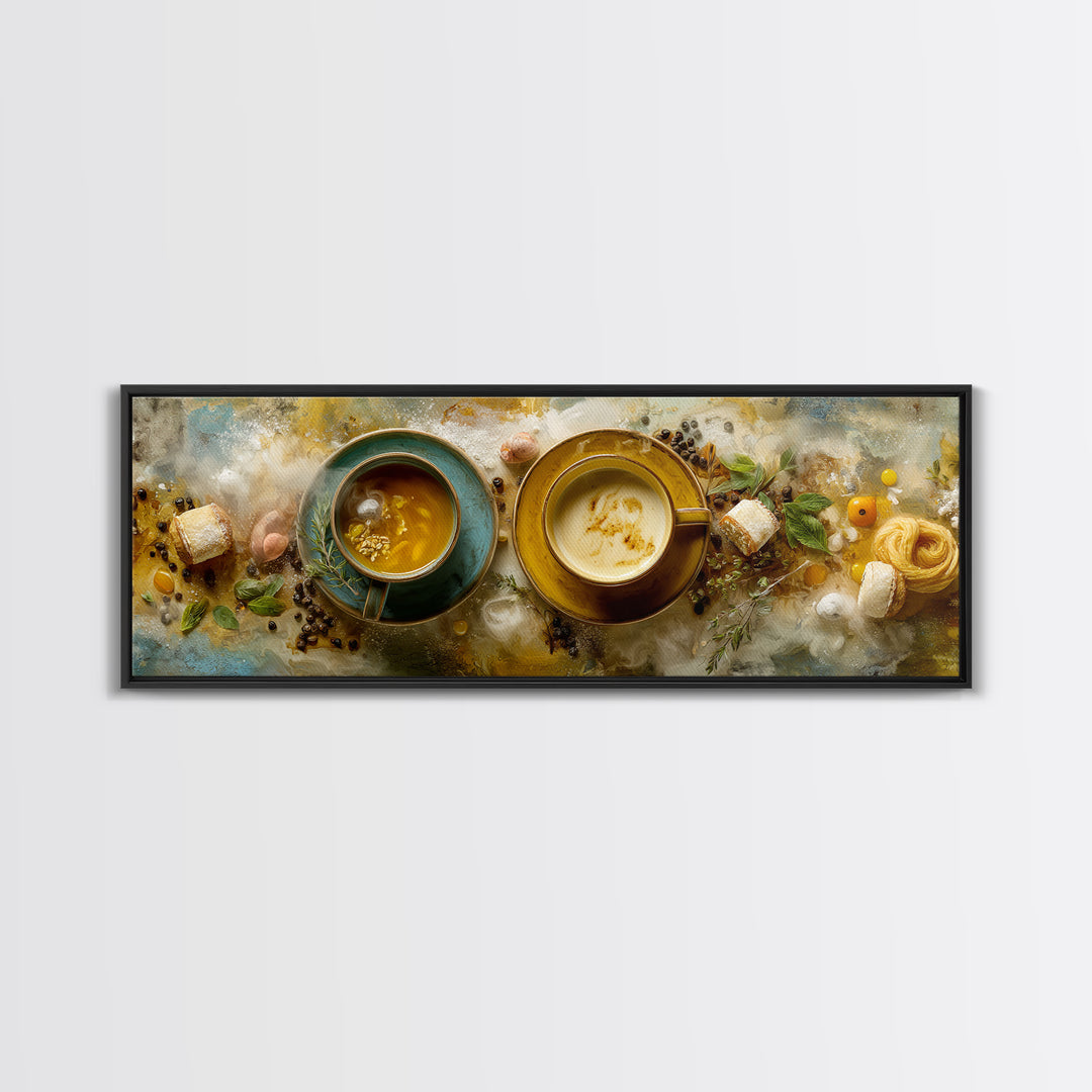 Two Cups Facing Each Other Framed Canvas Print, Coffee Shop Art, Coffee Art, Cafe Decor, Fine Art, Cafe, Textured Painting, CSA-3x1-53
