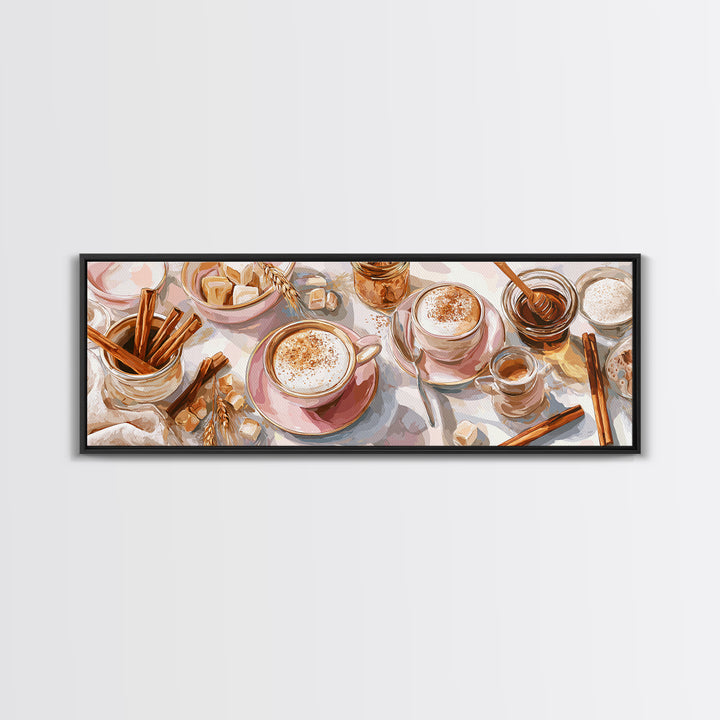 Cinnamon Sticks and Cappuccino Foam Still Life Canvas Print, Coffee Shop Art, Wall Art, Cafe Decor, Oil Painting, Cafe, CSA-3x1-88