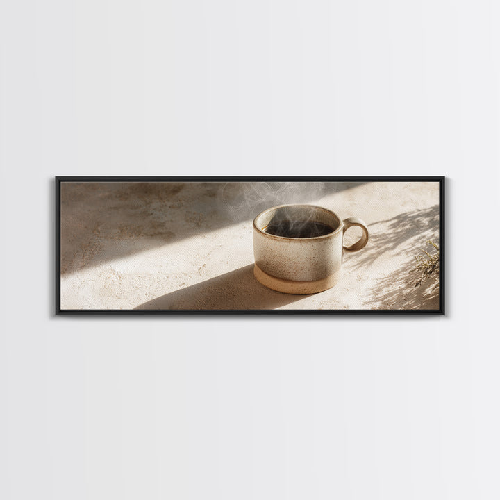 Espresso Cup with Rising Steam and Warm Framed Canvas Print, Coffee Shop Art, Boho Decor, Cafe Decor, Oil Painting, Cafe, CSA-3x1-89