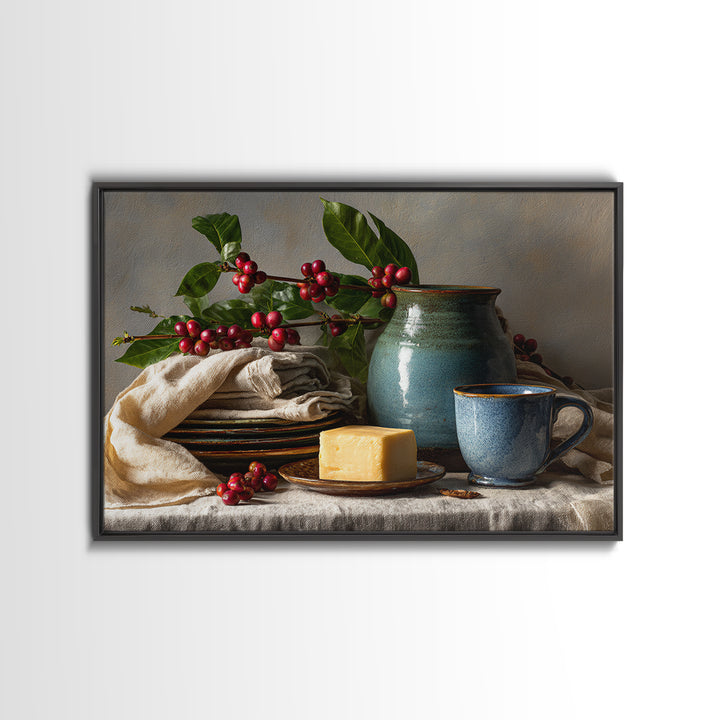Botanical Coffee Plant Branch Framed Canvas Print, Coffee Shop Art, Dopamine Decor, Cafe Decor, Oil Painting, Cafe, CSA-3x2-10